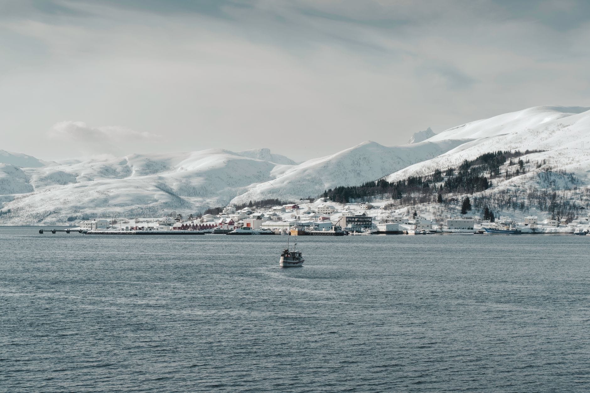 En liten båt som krysser en bred arktisk fjord omgitt av snødekte fjell