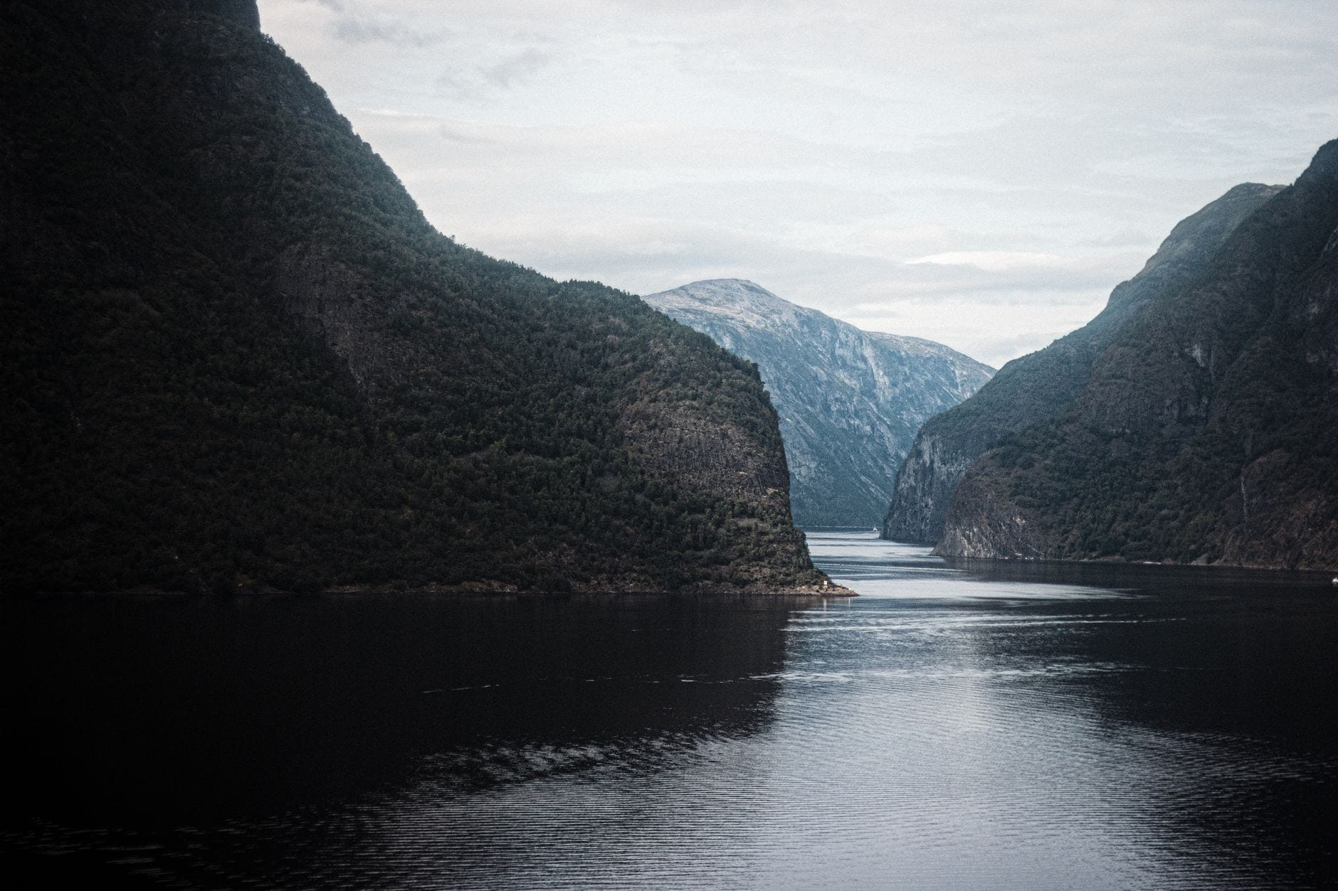 Bratte mørke fjordvegger som stiger opp fra stille vann, sett fra vannflaten