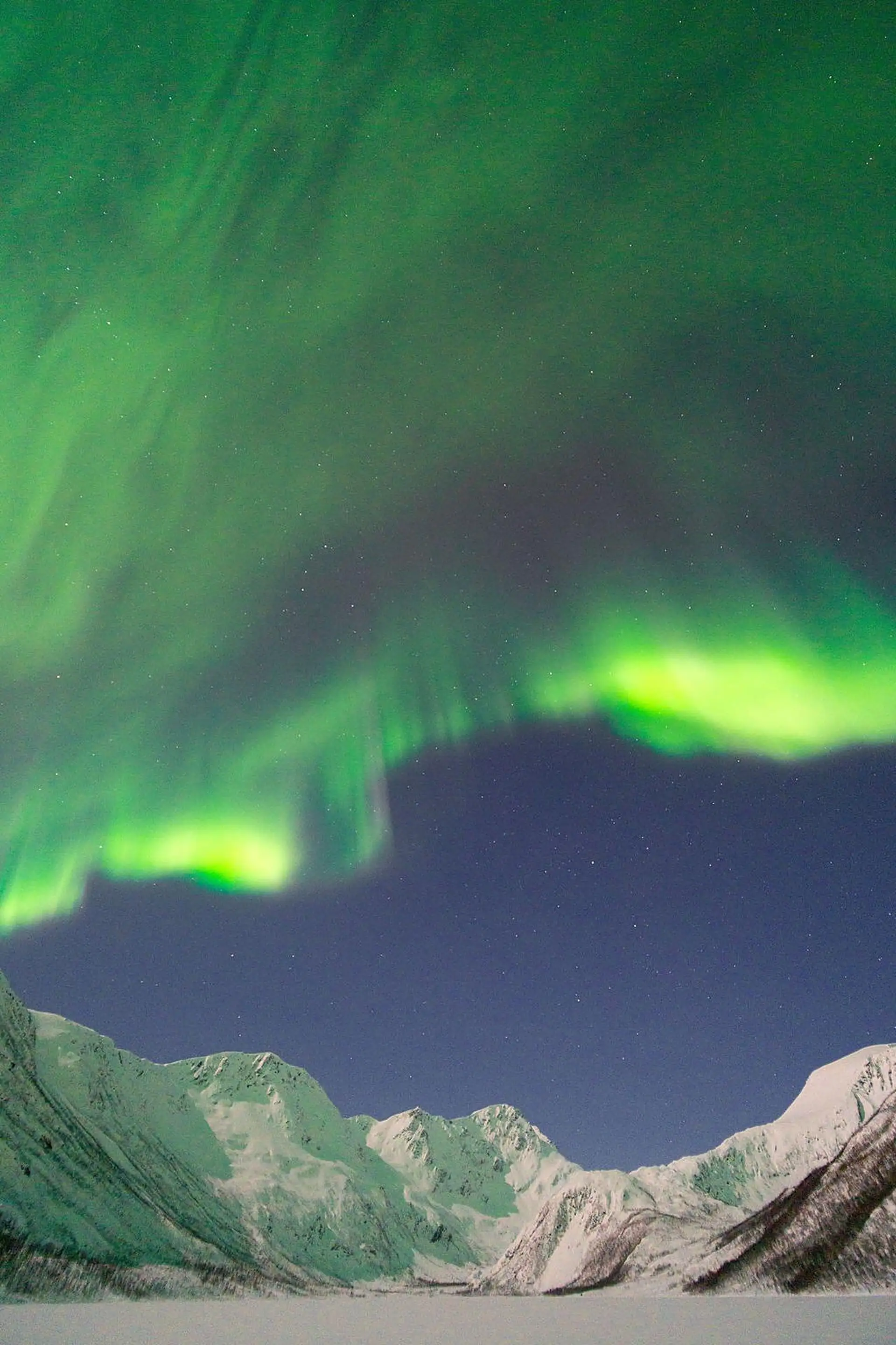 En bue av nordlys over en mørk arktisk horisont
